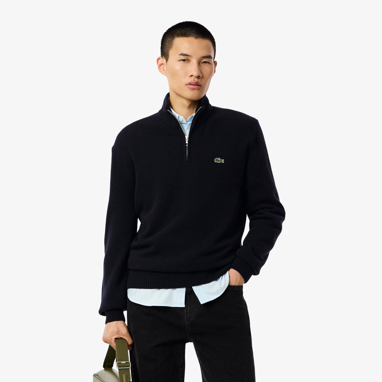 Maglione LACOSTE collo alto in lana cardata con zip AH3052