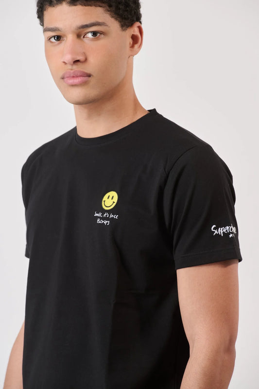 T-shirt SUPERCULTURE Nera con Stampa e Ricamo SMILE